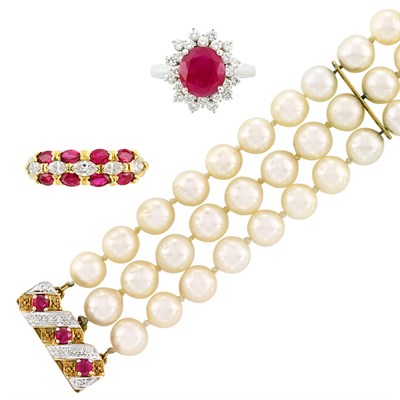 Lot 630 - Triple Strand Cultured Pearl, Gold, Ruby and Diamond Bracelet and Two Ruby and Diamond Rings