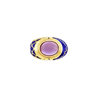 Lot 508 - Gold, Cabochon Amethyst and Blue Enamel Ring, Cellini
