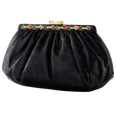Lot 659 - Black Lizard Skin, Gilt-Metal and Cabochon Multicolored Stone Clutch, Judith Leiber