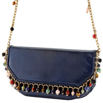 Lot 660 - Blue Lizard Skin, Gilt-Metal, Simulated and Multicolored Stone Bead Fringe Bag, Judith Leiber
