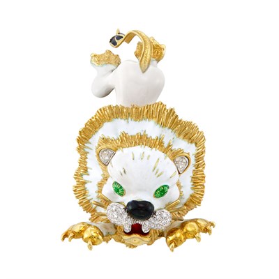 Lot 528 - Gold, Enamel and Diamond Lion Clip-Brooch