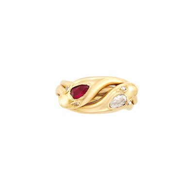Lot 407 - Gold, Diamond and Ruby Snake Ring