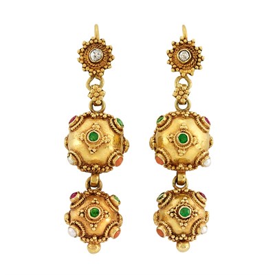 Lot 428 - Pair of Antique Gold, Gem-Set, Diamond and Split Pearl Pendant-Earrings