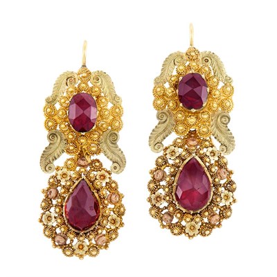 Lot 69 - Pair of Antique Two-Color Cannetille Gold and Garnet Pendant-Earrings