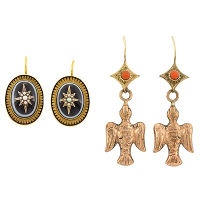 Lot 63 - Pair of Antique Gold, Banded Agate, Split Pearl and Enamel Earrings and Gold-Filled and Coral Falcon Pendant-Earrings