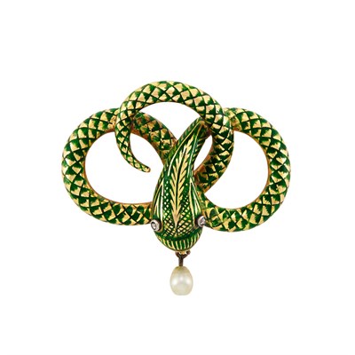 Lot 129 - Antique Gold, Green Enamel and Pearl Snake Pin