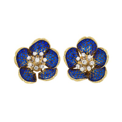 Lot 46 - Pair of Gold, Diamond and Plique-a-Jour Enamel Flower Earclips
