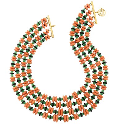 Lot 548 - Four Strand Coral, Green Chrysoprase and Black Onyx Bead Necklace with Gold Clasp