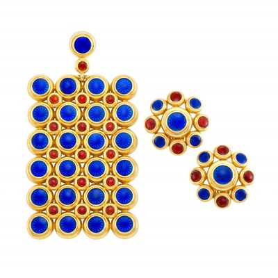 Lot 653 - Gold and Enamel Pendant and Pair of Earclips