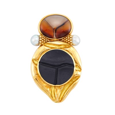 Lot 712 - Gold, Agate, Cultured Pearl, Carved Black Stone and Mother-of-Pearl Brooch, Elizabeth Gage