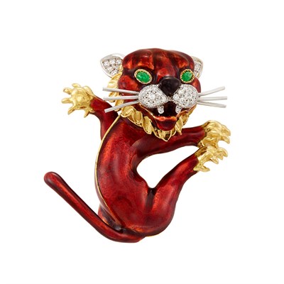 Lot 43 - Two-Color Gold, Red Enamel, Diamond and Cabochon Emerald Lion Cub Clip-Brooch, Kutchinsky