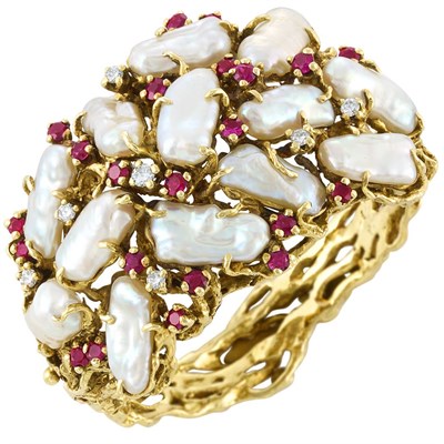 Lot 258 - Gold, Baroque Freshwater Pearl, Ruby and Diamond Cuff Bangle Bracelet, Barbara Anton