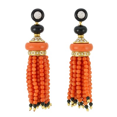 Lot 194 - Pair of Two-Color Gold, Black Onyx and Coral Bead and Diamond Fringe Earrings