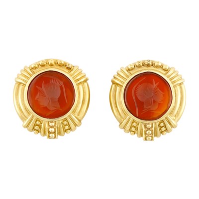 Lot 654 - Pair of Gold and Carnelian Intaglio Earclips