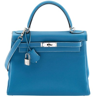 Lot 153 - Leather 28cm 'Blue Jean Kelly' Handbag with Palladium Hardware, Hermes