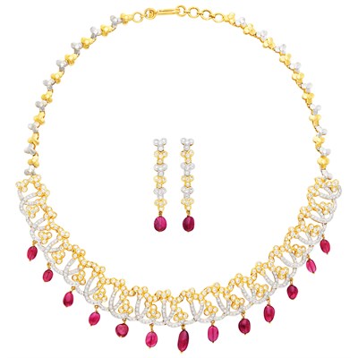 Lot 749 - Two-Color Gold, Diamond and Pink Tourmaline Bead Necklace and Pair of Pendant-Earrings