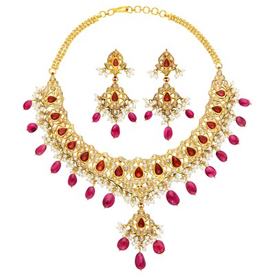 Lot 337 - Indian Gold, Pink Tourmaline, Diamond, Freshwater Pearl and Jaipur Enamel Fringe Necklace and Pair of Pendant-Earrings