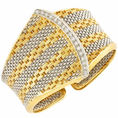 Lot 646 - Two-Color Gold and Diamond Mesh Buckle Bangle Bracelet
