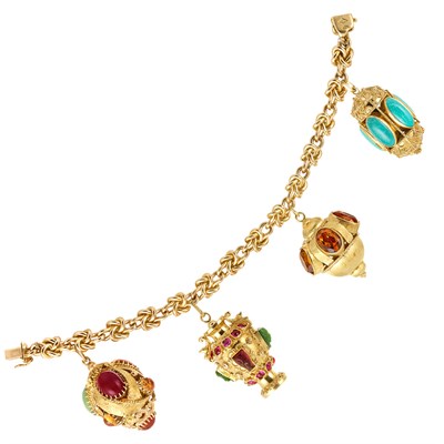 Lot 54 - Gold, Gem-Set and Hardstone Charm Bracelet