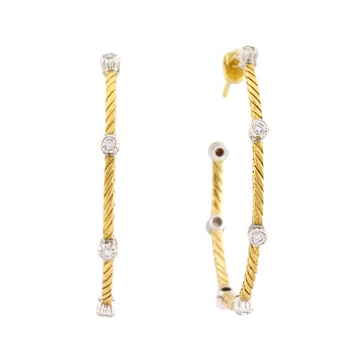 Lot 639 - Pair of Two-Color Gold and Diamond Hoop Earrings, Mario Buccellati