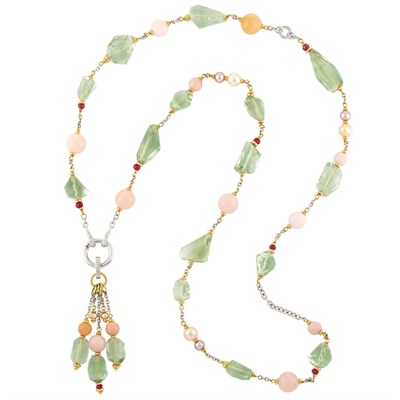Lot 611 - Long Two-Color Gold, Green Quartz, Peruvian Opal and Ruby Bead and Freshwater Pearl Chain Pendant-Necklace