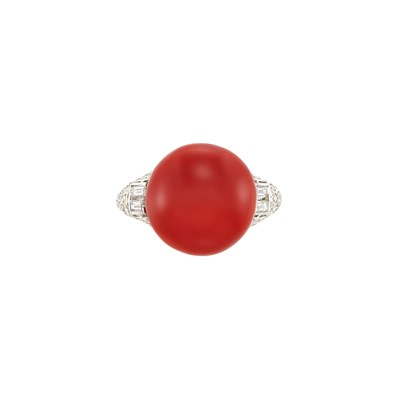 Lot 446 - Platinum, Oxblood Coral and Diamond Ring