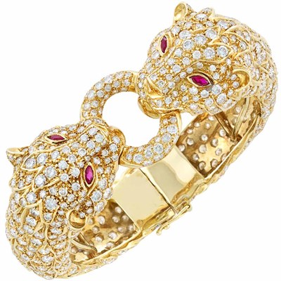 Lot 281 - Gold and Diamond Panther Head Bangle Bracelet