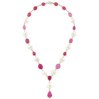 Lot 107 - Two-Color Gold, Freshwater Pearl, Pink Sapphire and Diamond Necklace