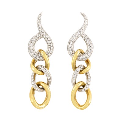 Lot 612 - Pair of Two-Color Gold and Diamond Pendant-Earclips