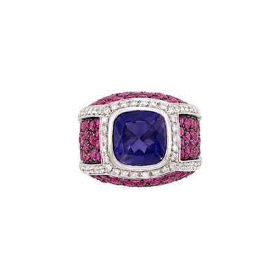 Lot 288 - White and Blackened Gold, Tanzanite, Pink Sapphire and Diamond Ring