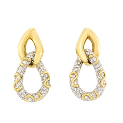 Lot 496 - Pair of Two-Color Gold and Diamond Pendant-Earrings