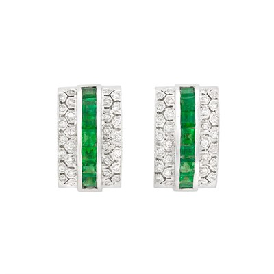 Lot 300 - Pair of White Gold, Emerald and Diamond Earrings