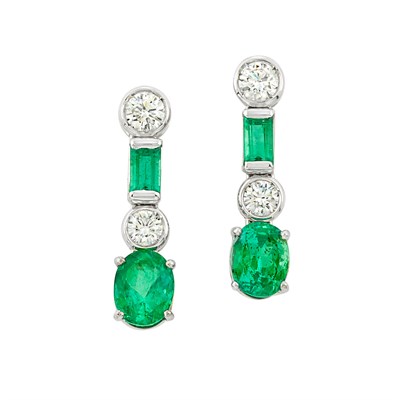 Lot 94 - Pair of White Gold, Diamond and Emerald Pendant-Earrings