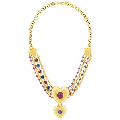 Lot 41 - Gold, Cabochon Ruby and Sapphire and Gem-Set Bead Chain Pendant-Necklace