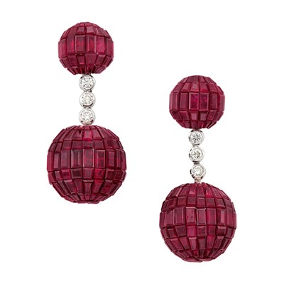 Lot 208 - Pair of White Gold, Invisibly-Set Ruby and Diamond Pendant-Earrings