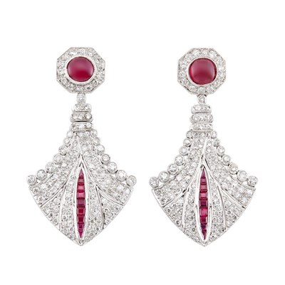 Lot 485 - Pair of White Gold, Cabochon Ruby, Diamond and Ruby Pendant-Earrings