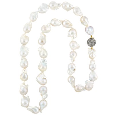 Lot 458 - Long South Sea Baroque Cultured Pearl Necklace with Silver Gold and Diamond Ball Clasp