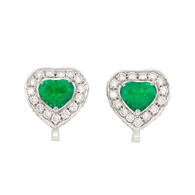Lot 298 - Pair of White Gold, Emerald and Diamond Earclips