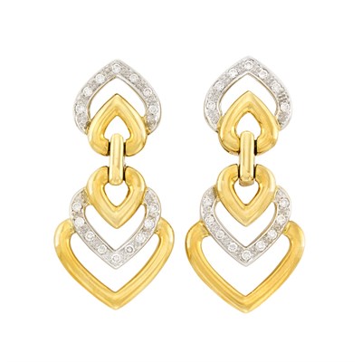 Lot 160 - Pair of Two-Color Gold and Diamond Pendant-Earrings