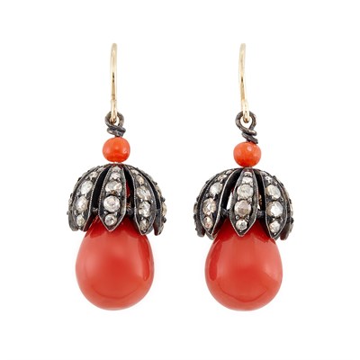 Lot 112 - Pair of Silver, Gold, Coral Bead and Diamond Earrings