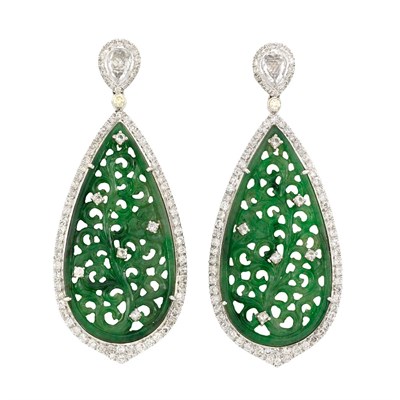 Lot 320 - Pair of White Gold, Carved Nephrite and Diamond Pendant-Earrings