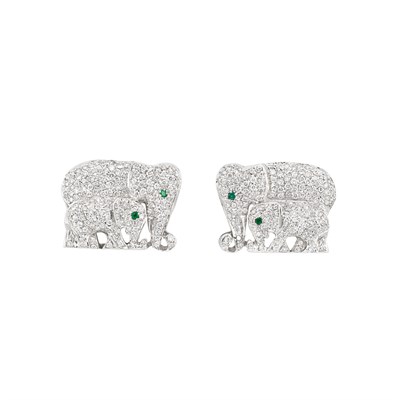Lot 306 - Pair of White Gold, Diamond and Emerald Elephant Earclips