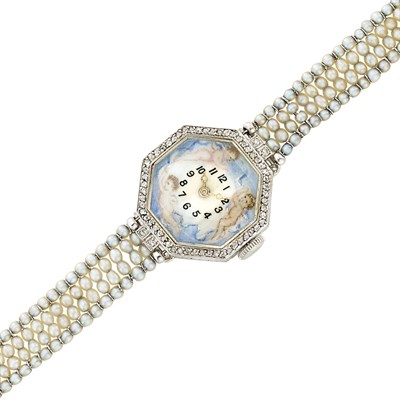 Lot 105 - Belle Epoque Platinum, Seed Pearl, Painted Enamel and Diamond Bracelet-Watch, Verger Freres, Vacheron & Constantin