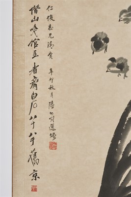 Lot 191 - Qi Baishi Mounted, Rooster and chicks Signed,...