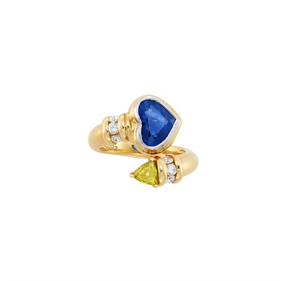 Lot 325 - Gold, Sapphire, Diamond and Fancy Deep Brownish Greenish Yellow Treated Diamond Bypass Ring, Jacques