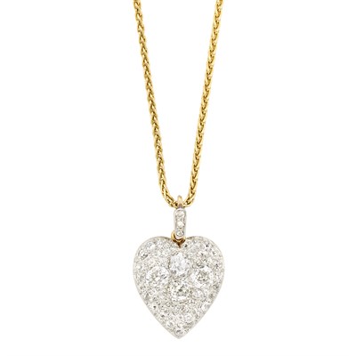 Lot 142 - Antique Platinum, Gold and Diamond Heart Pendant with Gold Chain
