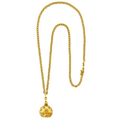 Lot 66 - Long Gold Curb Link Chain Necklace, Tiffany & Co., with Antique Two-Color Gold and Diamond Ball Pendant-Watch