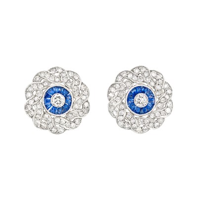 Lot 614 - Pair of Platinum, Diamond and Sapphire Earclips