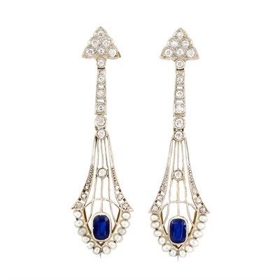 Lot 328 - Pair of Platinum, Gold, Diamond, Sapphire and Seed Pearl Pendant-Earrings