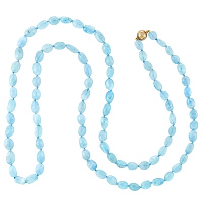 Lot 314 - Long Gold and Aquamarine Bead Necklace with Silver-Gilt Ball Clasp